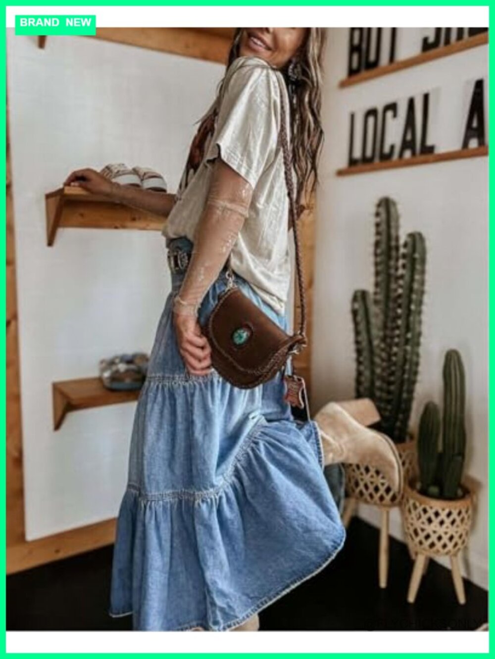 High Waist Denim Maxi Skirt Button Boho Flowy Pleated Tiered Ruffle Swing - Picture 4 of 6